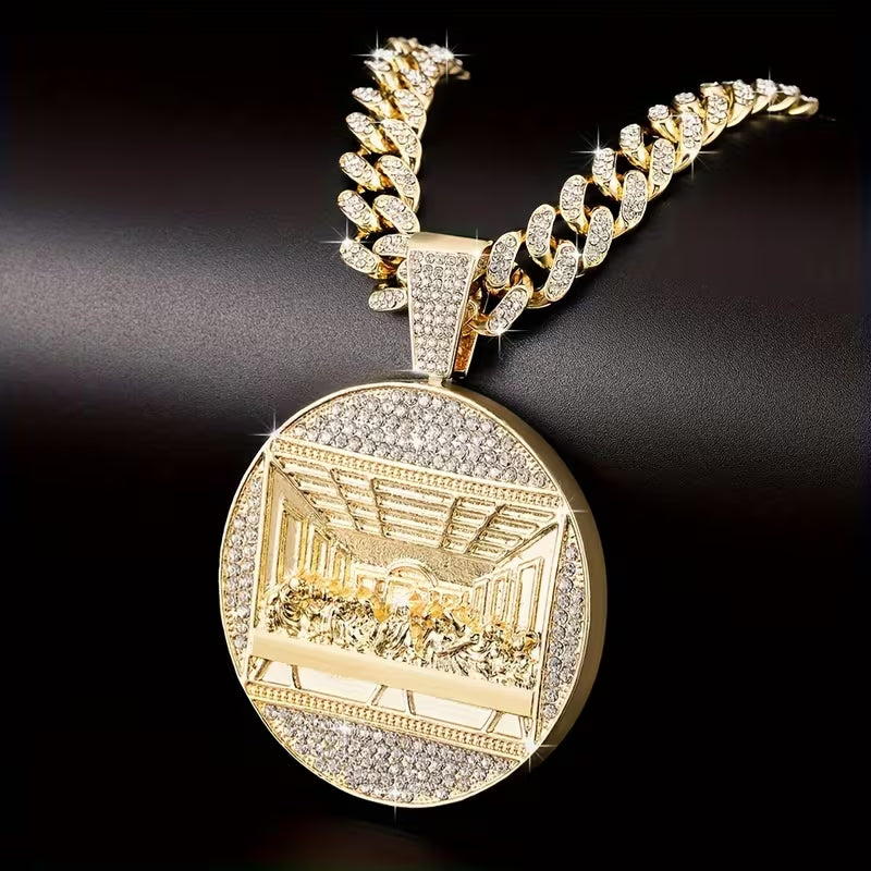Iced Out Last Supper Pendant Necklace for Men, Gold Plated Rhinestone Cuban Link Chain, Luxe Hip Hop Faith Statement Jewelry