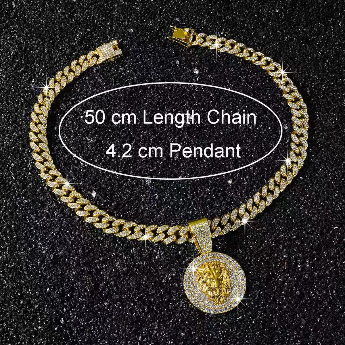 New European & American Hip‑hop Men’s Necklace, Full‑paved Diamond Cuban Link Chain, Unique Round Lion Head Animal Pendant