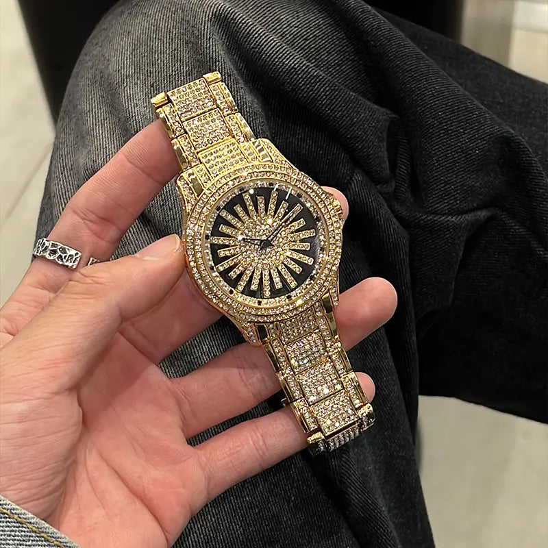 Iced Out Gold Diamond Watch | Luxury Quartz Analog Wristwatch, Sunburst Crystal Dial, Stainless Steel Band, Bling Dress Watch for Men , Perfect Gift for Tanzania