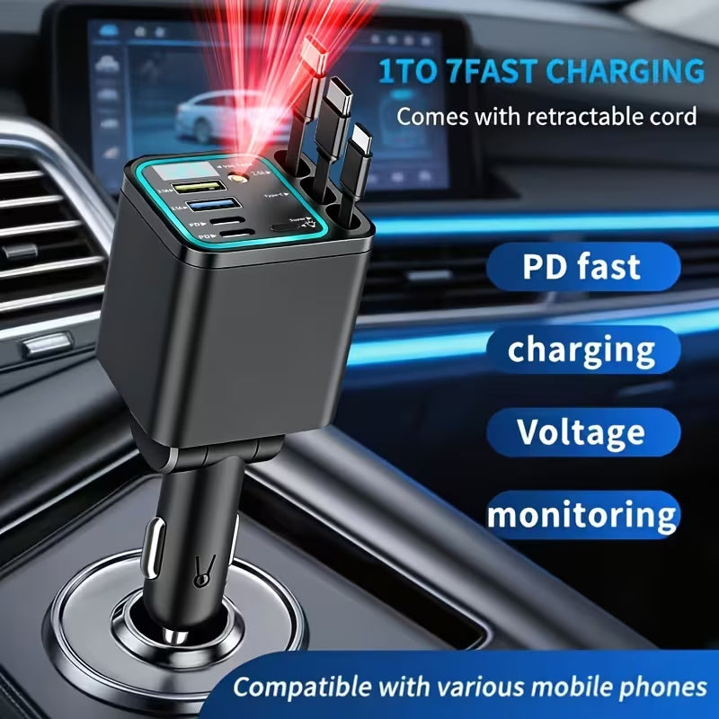 7-in-1 Retractable Fast-Charging Car Charger with Starlight-Style Design; features a 180° adjustable plug and tangle-free design; includes three retractable cables, two USB ports, and two Type-C ports; compatible with all vehicle models.