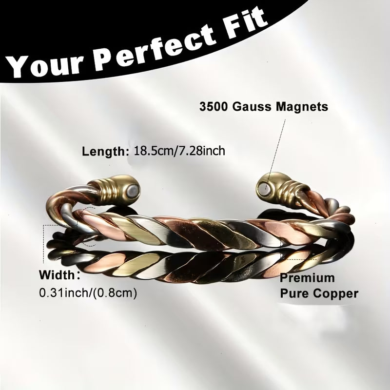 Adjustable Open Magnetic Bracelet – Tri-color braided copper design with a hidden magnetic clasp; unisex, durable, and versatile; suitable for both casual and formal occasions; an artistic accessory.