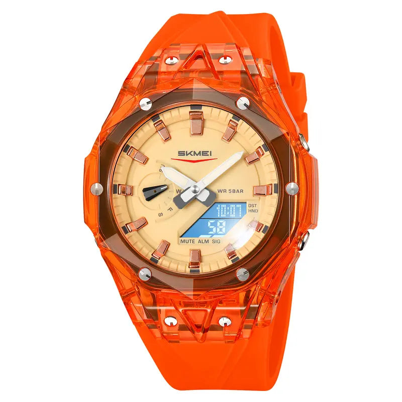 SKMEI 2411 Men’s Analog-Digital Sport Watch, Transparent Orange PC Case, 5ATM Waterproof, Multi-Function World Time Wrist Watch with Silicone Band
