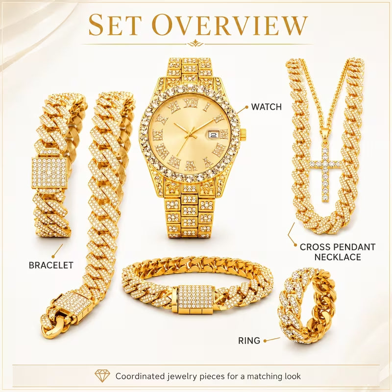 Iced Out Gold Watch & Jewelry Set for Men, Hip Hop Diamond Wrist Watch, Cross Pendant Necklace, Cuban Link Bracelet & Ring, Luxury Rhinestone Full Bling Gift Set