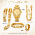 Iced Out Gold Watch & Jewelry Set for Men, Hip Hop Diamond Wrist Watch, Cross Pendant Necklace, Cuban Link Bracelet & Ring, Luxury Rhinestone Full Bling Gift Set