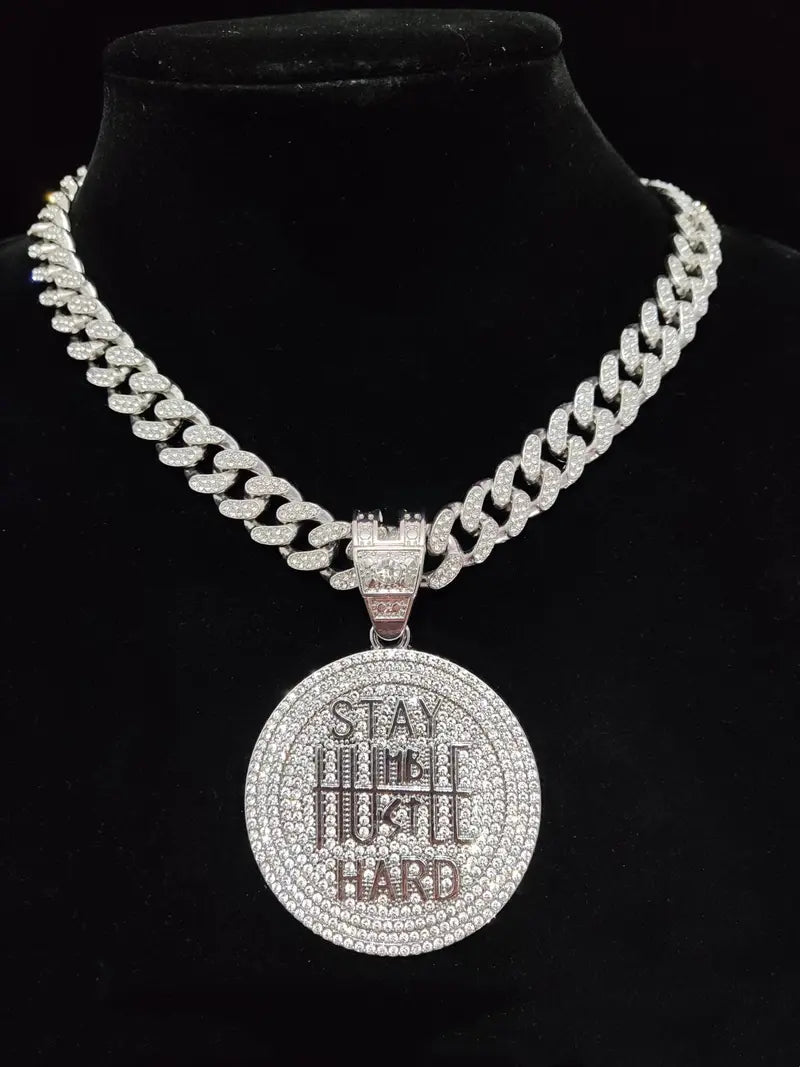 Iced Out Stay Humble Hustle Hard Round Pendant Necklace, Mens Silver Cuban Link Chain Hip Hop Bling Jewelry