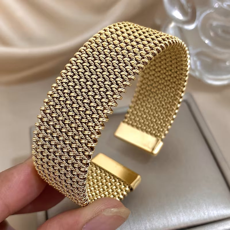 Vintage Stainless Steel Braided Mesh Open Bracelet, Classic Cuff Waterproof Jewelry, for Women Men Daily Party Wear Jewelry Additions Gifts