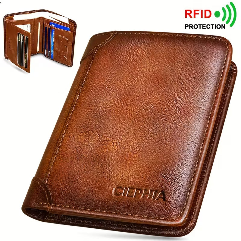 CIEPHA Premium Genuine Cowhide Leather Trifold Wallet – RFID Blocking, 9 Card Slots, 2 ID Windows & Cash Pockets (Brown)