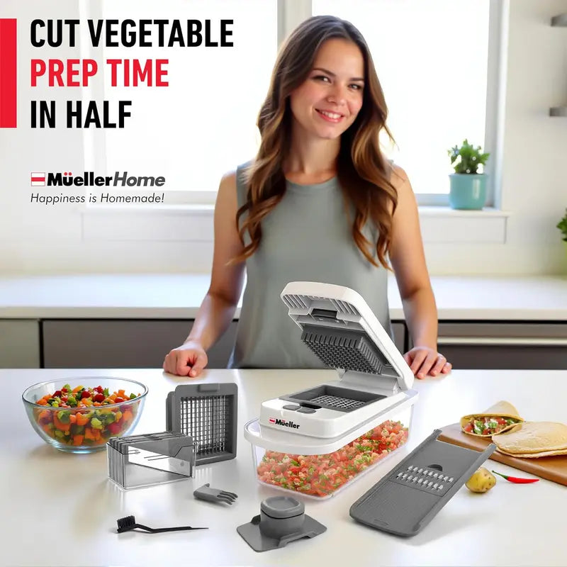 MuellerHome Vegetable Chopper, 12 in 1 Multi-functional Mandoline Slicer, Onion Dicer, Fruit Grater & Shredder with Storage Container for Kitchen
