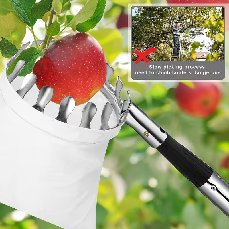 Adjustable Agricultural Fruit Picking Pole with Basket – Lightweight Telescopic Stainless Steel Tool for Apples, Mangoes, Lemons, and Oranges – Large Non-Woven Catching Basket