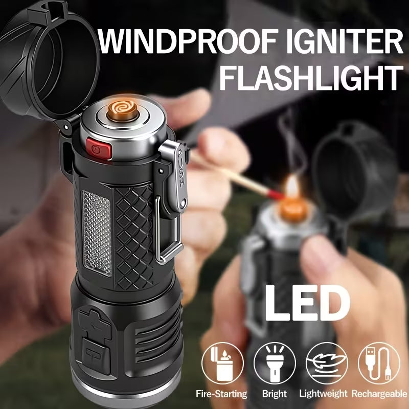 Multifunctional LED Flashlight with Windproof Electric Lighter, 7 Lighting Modes COB Side Light, Type-C Rechargeable Portable Torch for Camping Hiking Fishing Outdoor Emergency