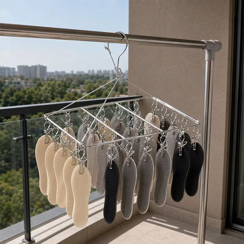 A windproof hanging laundry rack with clips—suitable for clothes, socks, and underwear; a space-saving, multifunctional drying rack for use in homes, bedrooms, and on balconies.