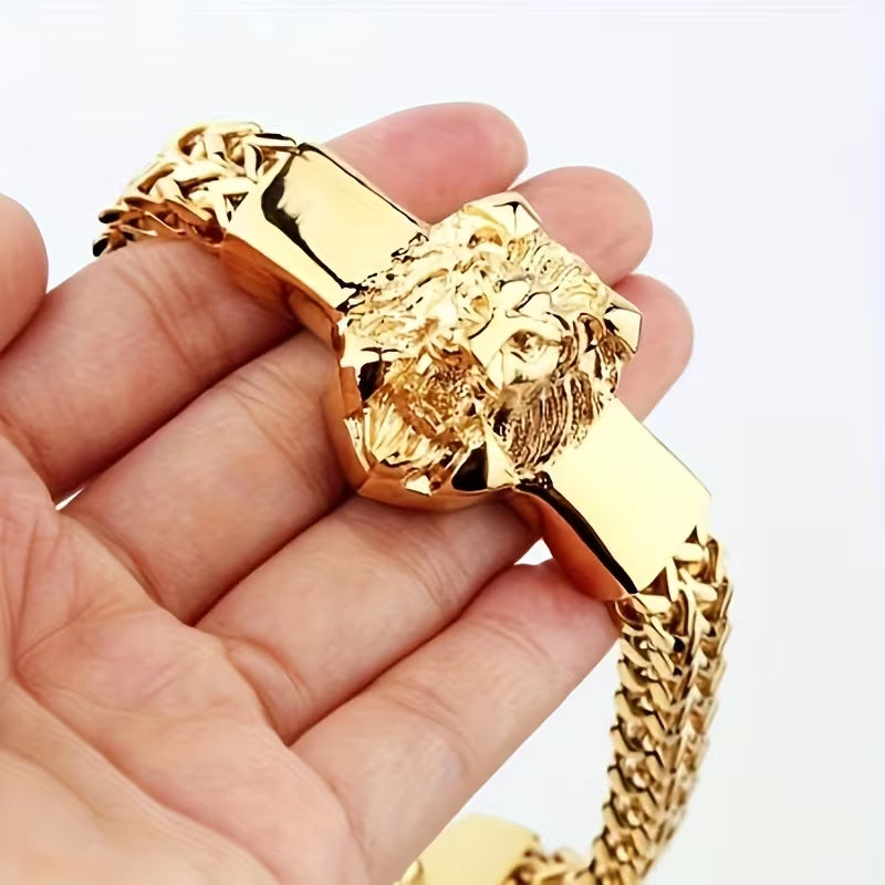 Men's Gold Plated Lion Head Statement Bracelet, Heavy Franco Chain Wrist Bangle for African Men