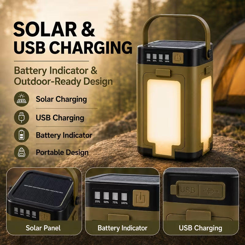 Solar Camping Lantern, 4‑Foldable Panels LED Flood Light, USB & Solar Rechargeable Portable Outdoor Emergency Lamp with Multiple Lighting Modes for Camping, Power Outage