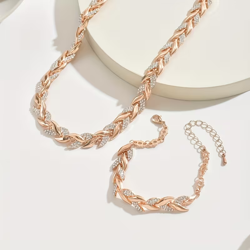 Rose Gold Fish Tail Rhinestone Jewelry Set, Inlaid Crystal Necklace & Bracelet for Women Wedding Party Daily Wear
