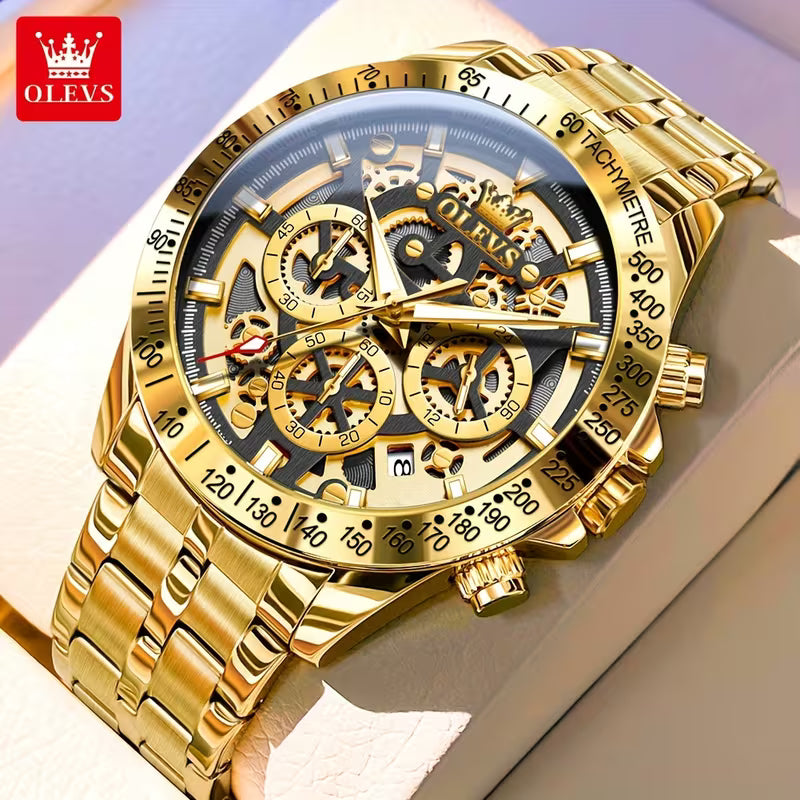 OLEVS Men Stainless Steel Luxury Chronograph Watch, Multifunctional with Date, Classic Business Dress Wristwatch, Gift for Men