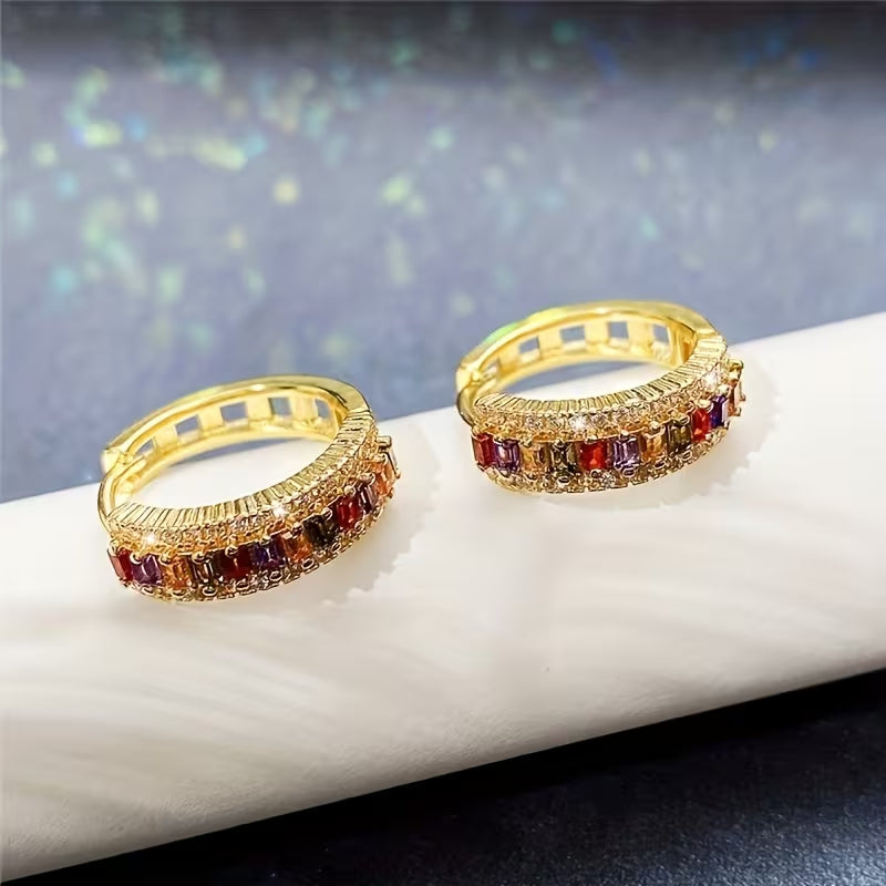 Gold Plated Rainbow Multicolor Cubic Zirconia Huggie Hoop Earrings for Men & Women, Sparkling Baguette Crystal Hip Hop Unisex Earrings
