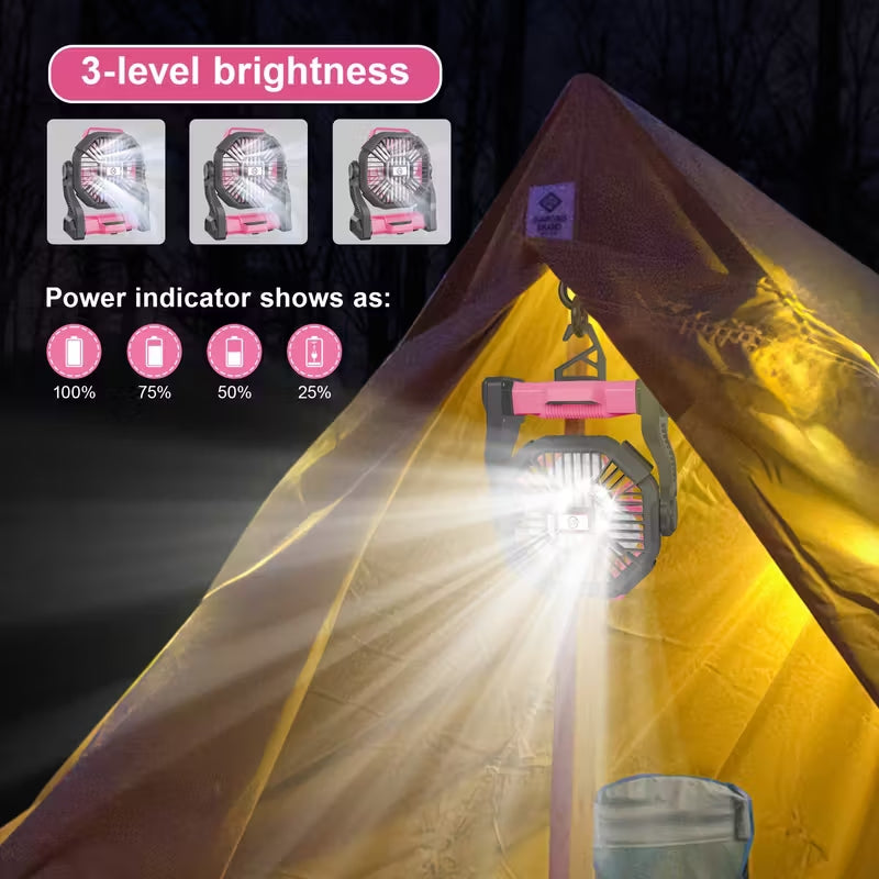 Rechargeable Camping Fan with LED Lantern,10000mAh Battery,360°Hanging Hook,125°Pivoting Head,Quiet Brushless Motor,Portable Outdoor Tent Fan with Power Bank Function for Camping Fishing Hiking