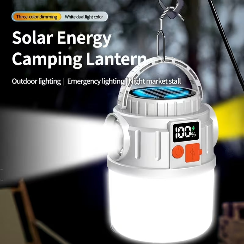 Solar Rechargeable LED Camping Lantern, 5 Light Modes Emergency Light with Power Bank & Digital Battery Display