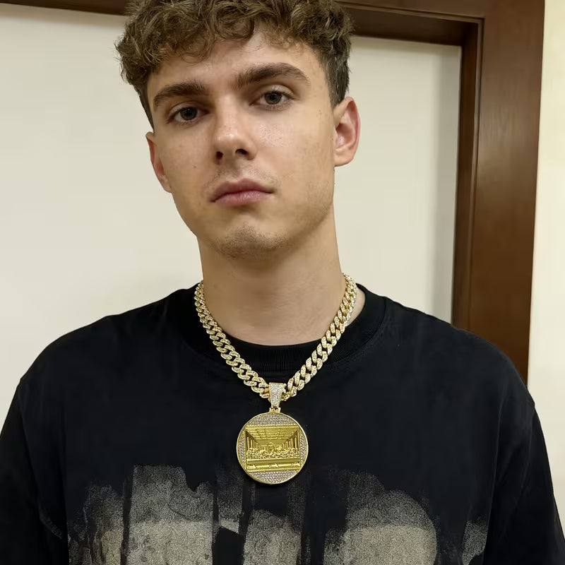 Iced Out Last Supper Pendant Necklace for Men, Gold Plated Rhinestone Cuban Link Chain, Luxe Hip Hop Faith Statement Jewelry