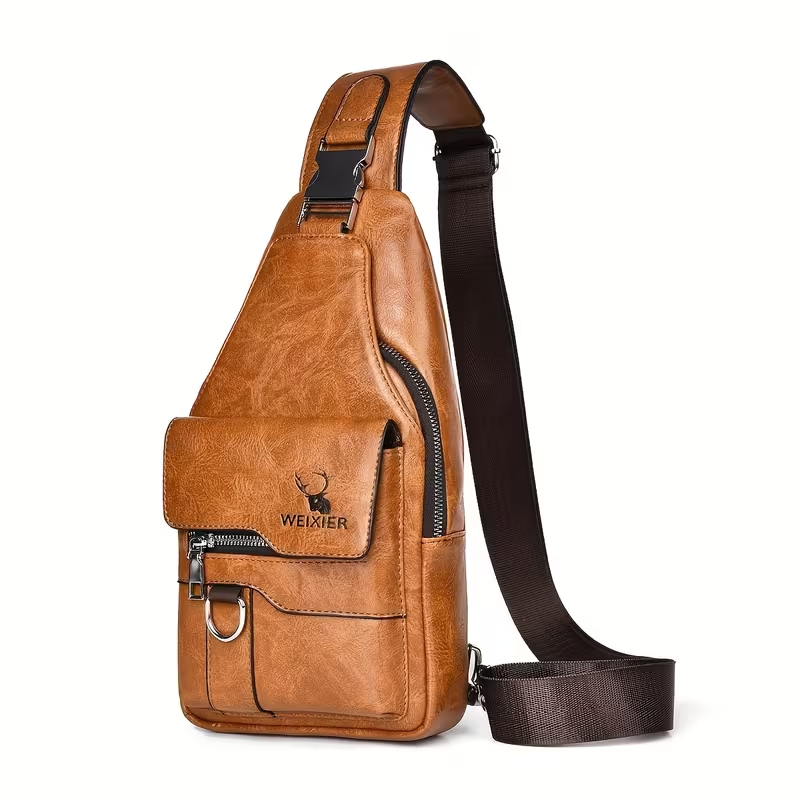 Men Vintage PU Leather Chest Bag, Large Capacity Multi-Pocket Crossbody Sling Bag for Outdoor Daily Travel