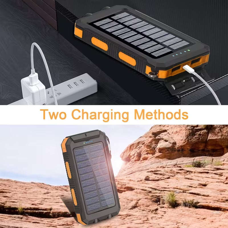 Outdoor Solar Power Bank, IP4 Waterproof Shockproof Portable Charger with Dual LED Flashlight, SOS Strobe Light & Compass, Dual USB Fast Charging, Emergency Power Bank for Camping Hiking Fishing Travel