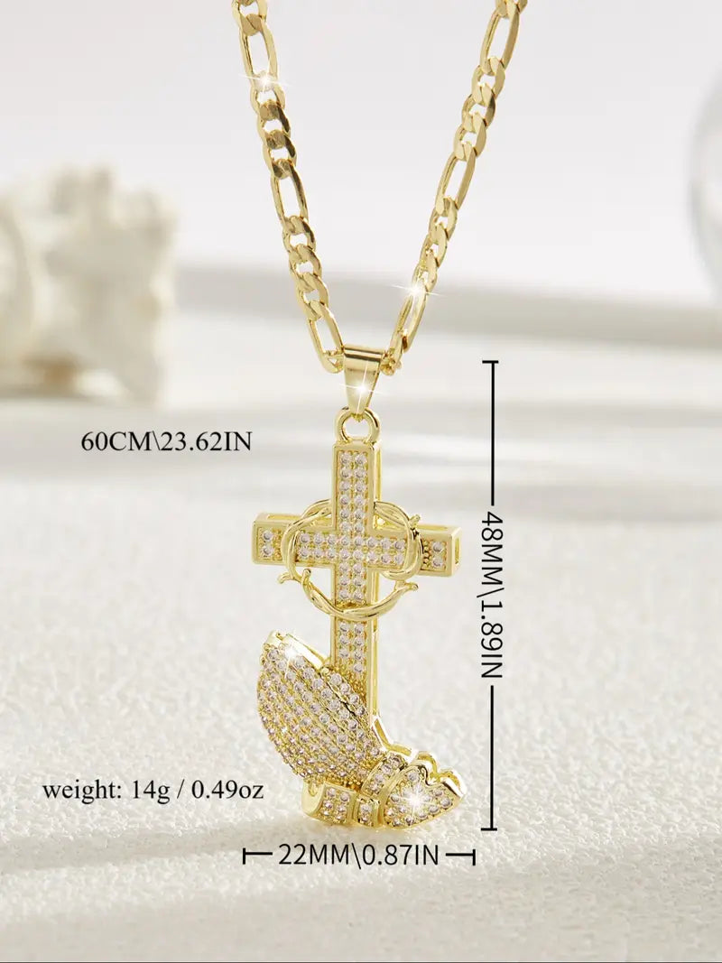 Iced Out Cross Anchor Wing Pendant Necklace, 18K Gold Plated Figaro Chain Hip Hop Necklace for Men