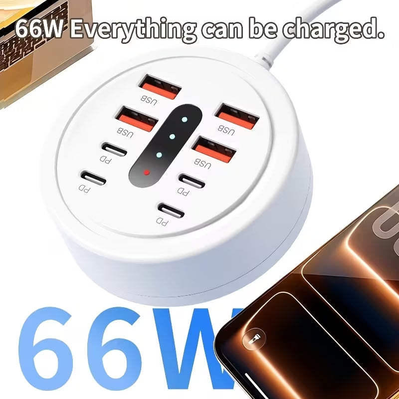 66W Multi Port USB C Charging Station, 4 USB-A + 4 Type-C PD Fast Charger Hub, Desktop Round USB Charger for Multiple Devices