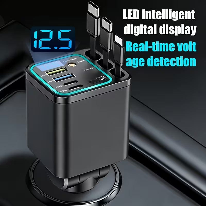 7-in-1 Retractable Fast-Charging Car Charger with Starlight-Style Design; features a 180° adjustable plug and tangle-free design; includes three retractable cables, two USB ports, and two Type-C ports; compatible with all vehicle models.