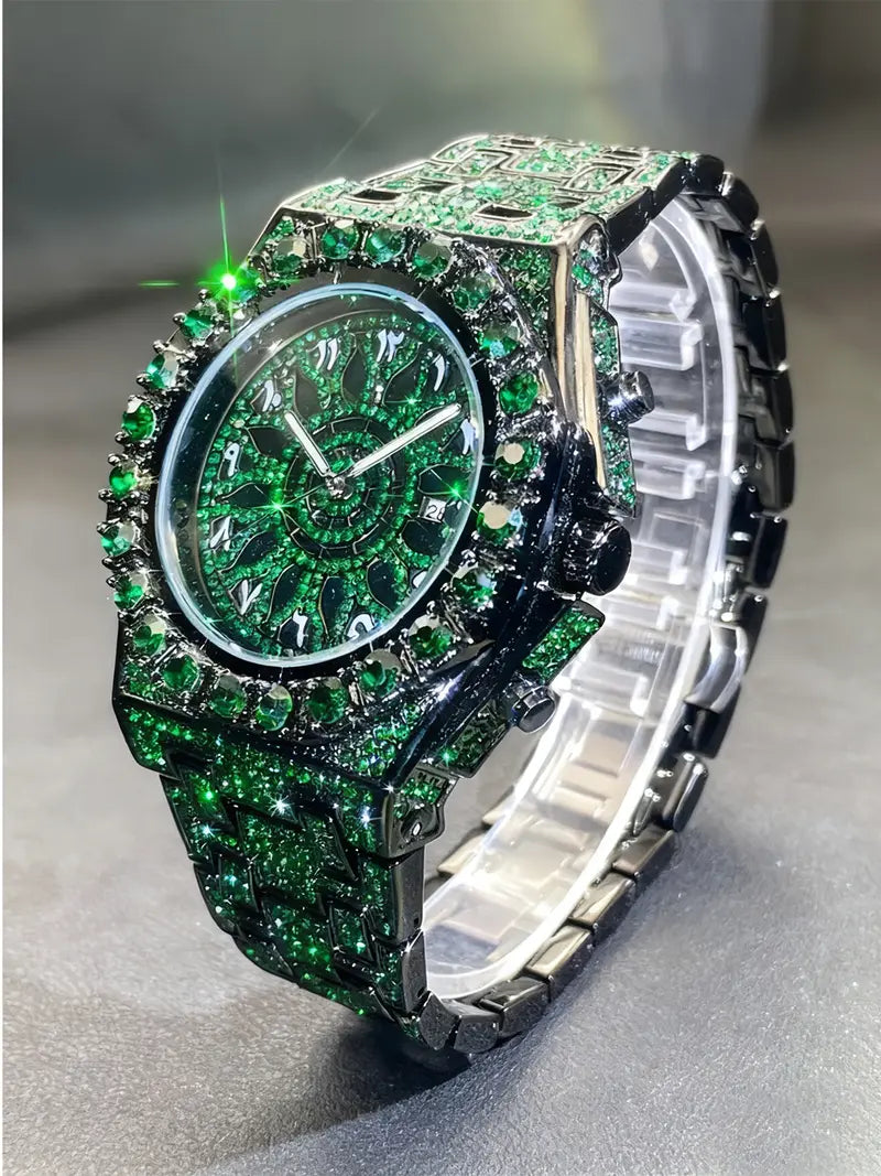 Men Iced Out Green Emerald Rhinestone Watch, Full Bling Arabic Numeral Dial Quartz Wrist Watch, Luxury Hip Hop Stainless Steel Bracelet Watch with Date Window