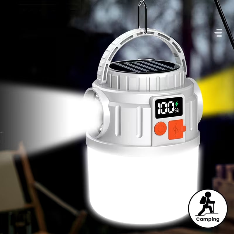 Solar Rechargeable LED Camping Lantern, 5 Light Modes Emergency Light with Power Bank & Digital Battery Display