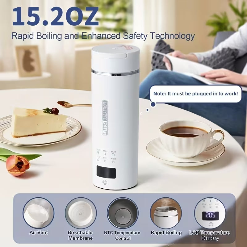 Portable Electric Kettle 450ml | 6 Temperature Presets Travel Heating Cup, Dry Burn Protection, Leakproof Stainless Steel Mini Hot Water Boiler for Home Office Travel