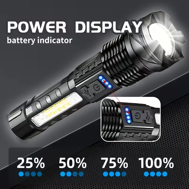 Rechargeable LED flashlight, 7 lighting modes, zoomable waterproof torch with side COB light, suitable for camping, car repair and emergencies.