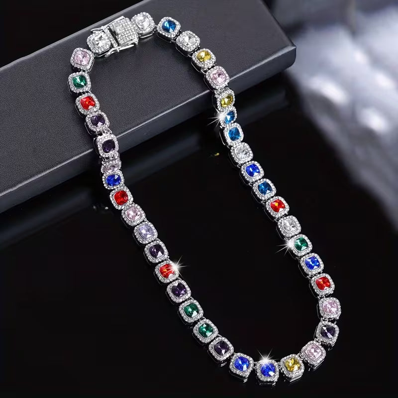 Multicolor Square Halo CZ Tennis Necklace, Iced Out Rainbow Gem Unisex Hip Hop Chain