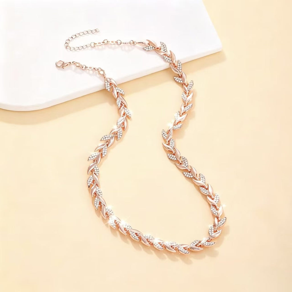 Rose Gold Fish Tail Rhinestone Jewelry Set, Inlaid Crystal Necklace & Bracelet for Women Wedding Party Daily Wear