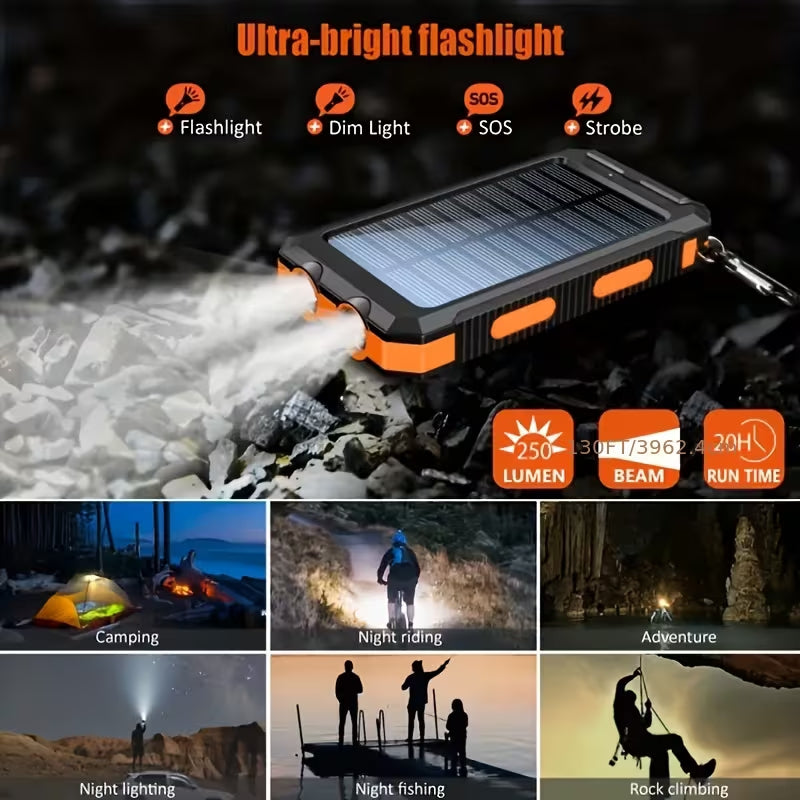 SolarPulse 4-in-1 Emergency Power Bank & LED Flashlight – Solar, Hand Crank & USB Charging, Built-in Compass