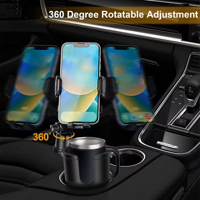 2 in 1 Car Cup Holder Phone Mount, 360° Rotatable Adjustable Car Drink Cup Holder Cell Phone Holder, One-Button Release Car Phone Stand for 4.0-7.0 Inch Smartphones, Fits Most Car Cup Slots