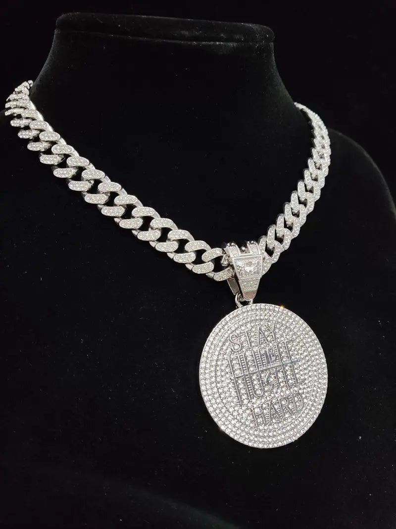 Iced Out Stay Humble Hustle Hard Round Pendant Necklace, Mens Silver Cuban Link Chain Hip Hop Bling Jewelry