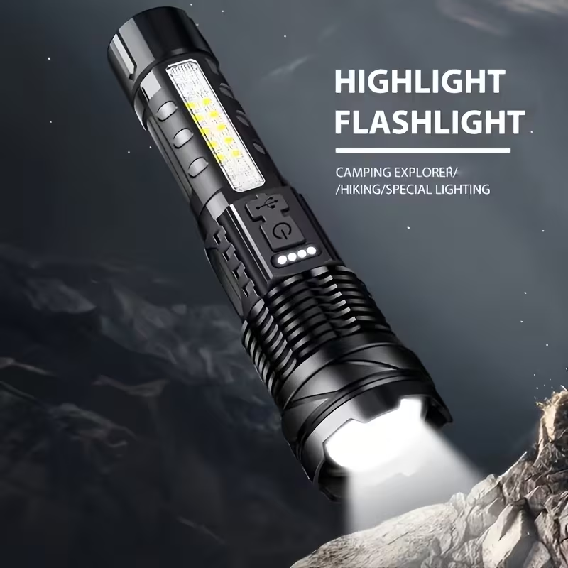 Rechargeable LED flashlight, 7 lighting modes, zoomable waterproof torch with side COB light, suitable for camping, car repair and emergencies.