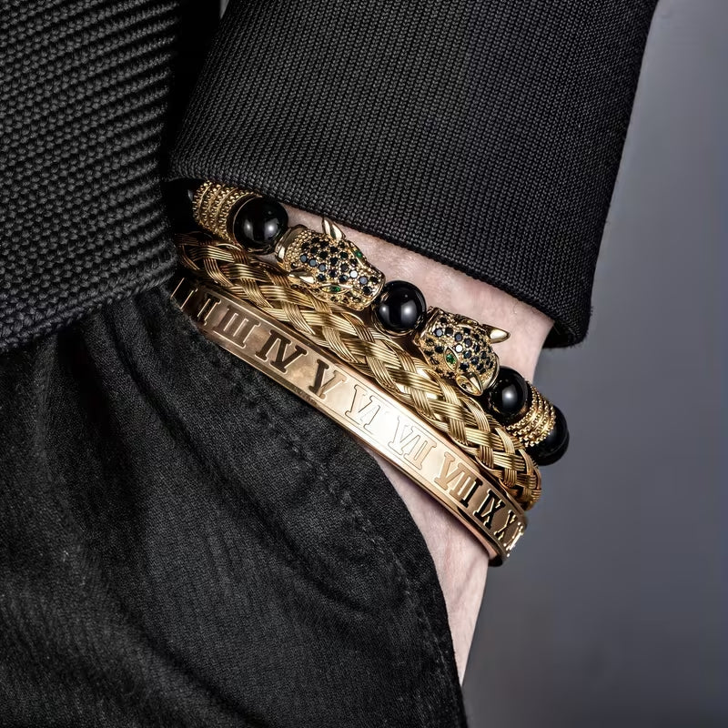 3Pcs Men’s Black Panther Bracelet Set, Roman Numeral Stainless Steel Bangle, Braided Leather & Natural Stone Beaded Bracelets, Adjustable Wrist Jewelry Gift for Men