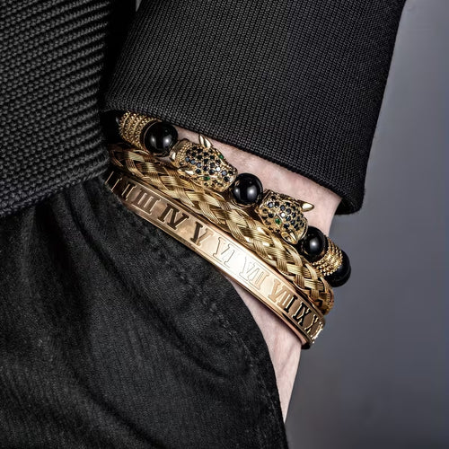 3Pcs Men’s Black Panther Bracelet Set, Roman Numeral Stainless Steel Bangle, Braided Leather & Natural Stone Beaded Bracelets, Adjustable Wrist Jewelry Gift for Men