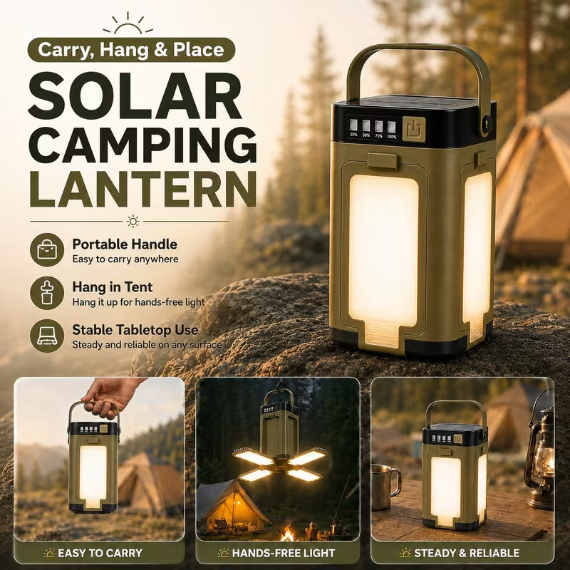 Solar Camping Lantern, 4‑Foldable Panels LED Flood Light, USB & Solar Rechargeable Portable Outdoor Emergency Lamp with Multiple Lighting Modes for Camping, Power Outage