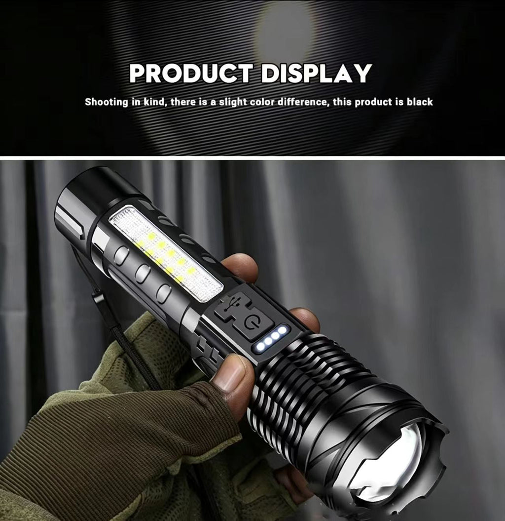 Rechargeable LED flashlight, 7 lighting modes, zoomable waterproof torch with side COB light, suitable for camping, car repair and emergencies.