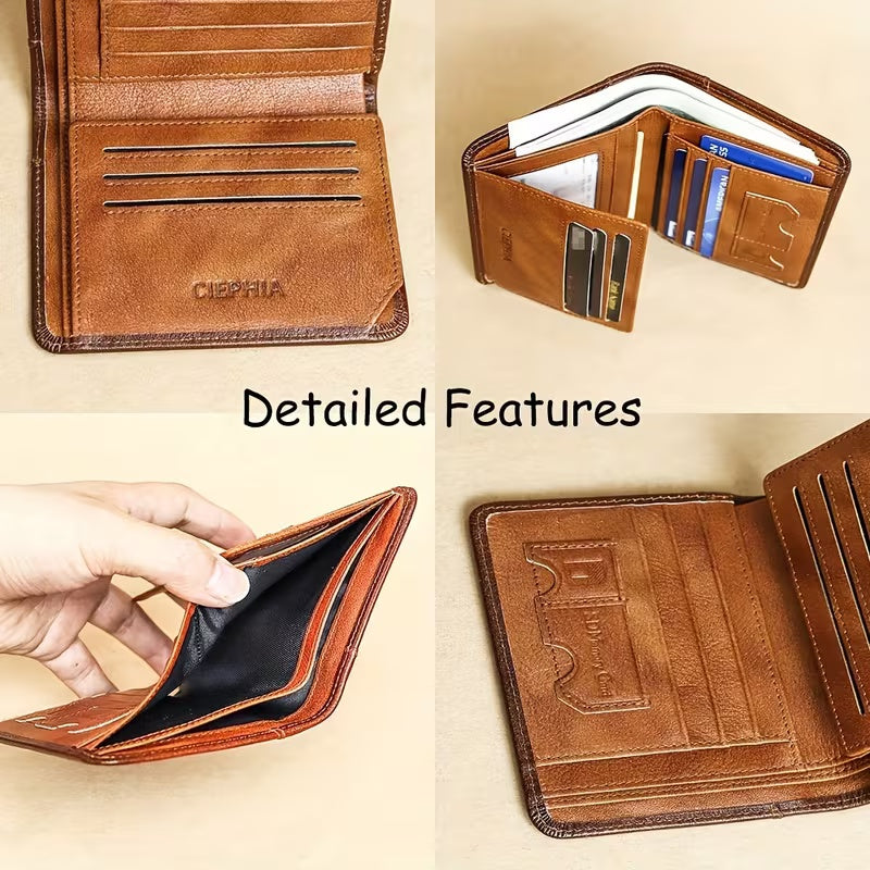 CIEPHA Premium Genuine Cowhide Leather Trifold Wallet – RFID Blocking, 9 Card Slots, 2 ID Windows & Cash Pockets (Brown)