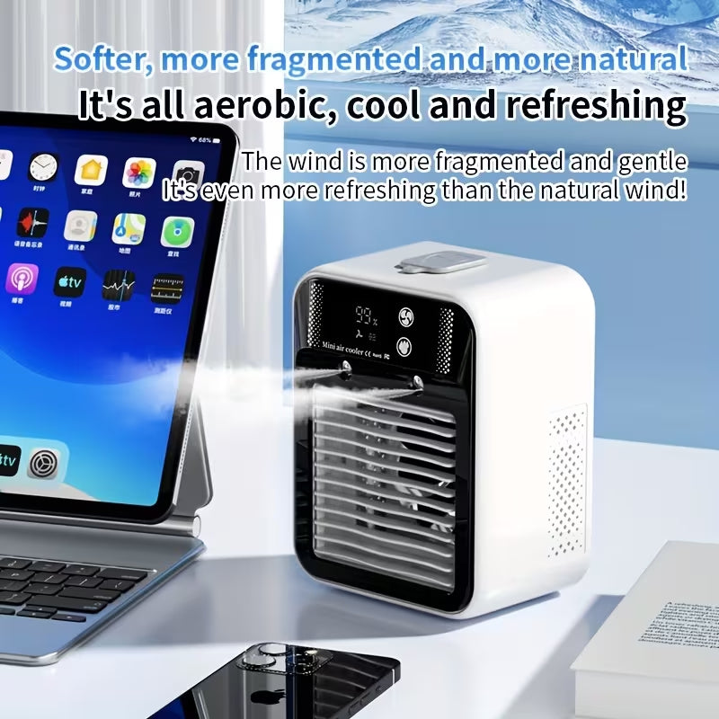 Portable cooling fan with long-lasting battery life and USB-C charging; features 2 speed settings and 2 airflow modes (direct/circulating), plus an integrated cooling function.