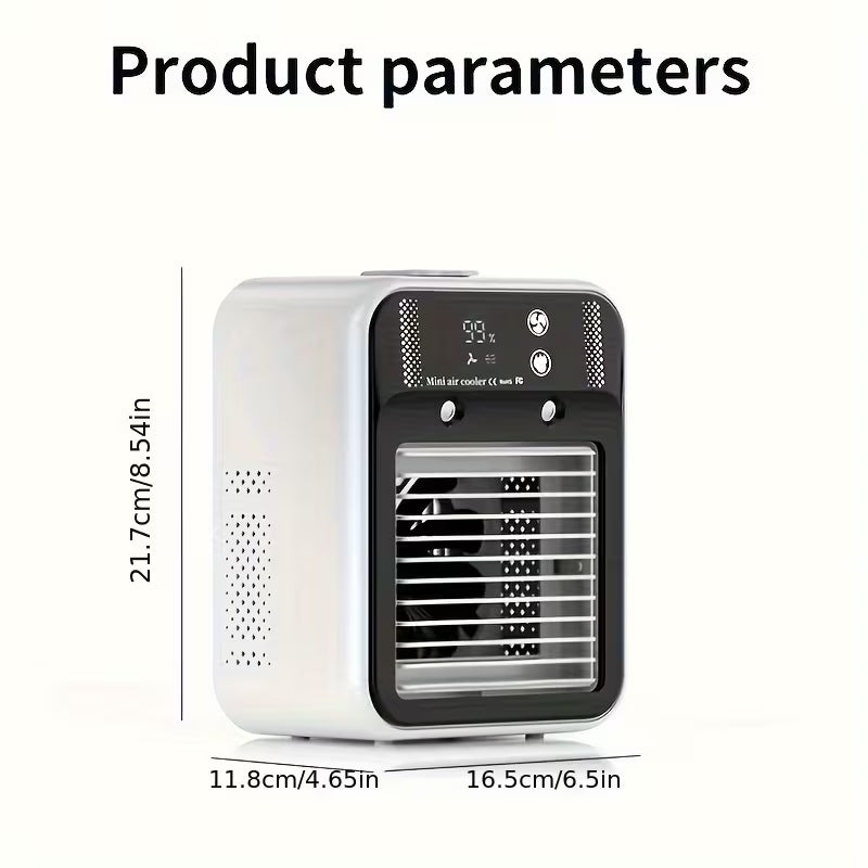 Portable cooling fan with long-lasting battery life and USB-C charging; features 2 speed settings and 2 airflow modes (direct/circulating), plus an integrated cooling function.