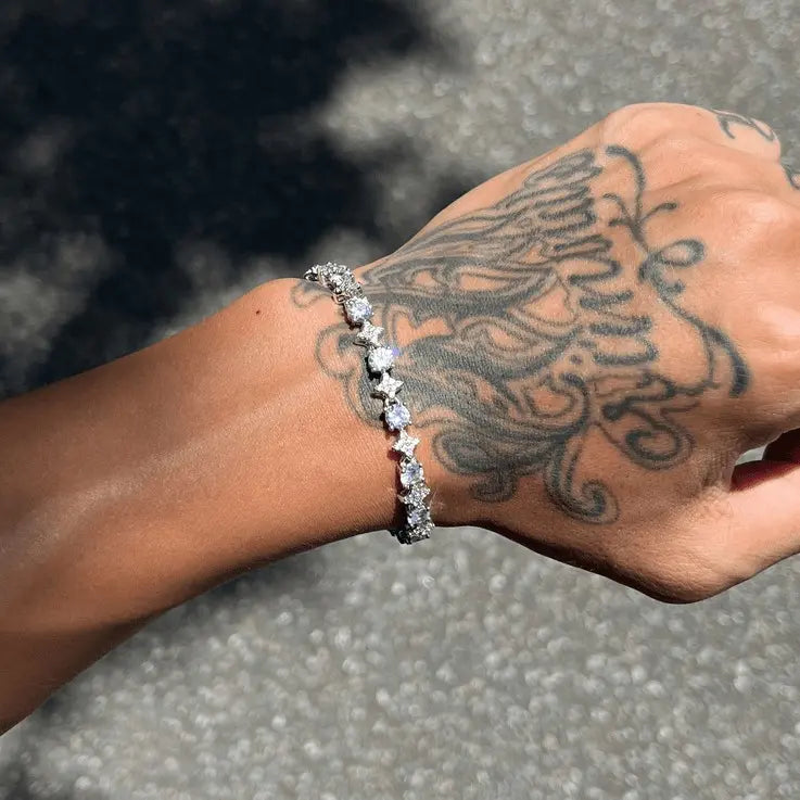 Iced Out Star Round Cut CZ Tennis Bracelet, Silver Plated Hip Hop Sparkling Bracelet for Men