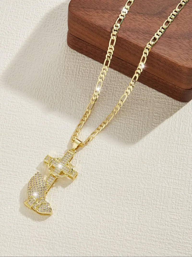 Iced Out Cross Anchor Wing Pendant Necklace, 18K Gold Plated Figaro Chain Hip Hop Necklace for Men