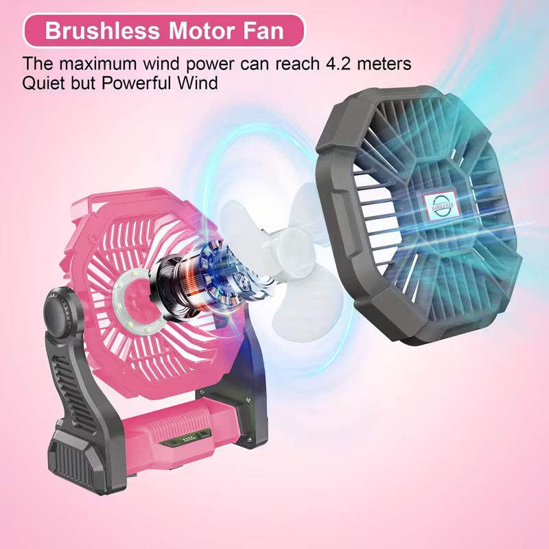 Rechargeable Camping Fan with LED Lantern,10000mAh Battery,360°Hanging Hook,125°Pivoting Head,Quiet Brushless Motor,Portable Outdoor Tent Fan with Power Bank Function for Camping Fishing Hiking