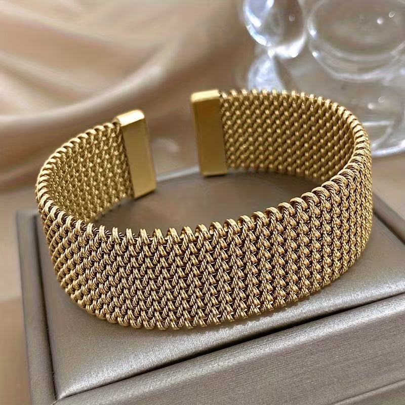 Vintage Stainless Steel Braided Mesh Open Bracelet, Classic Cuff Waterproof Jewelry, for Women Men Daily Party Wear Jewelry Additions Gifts