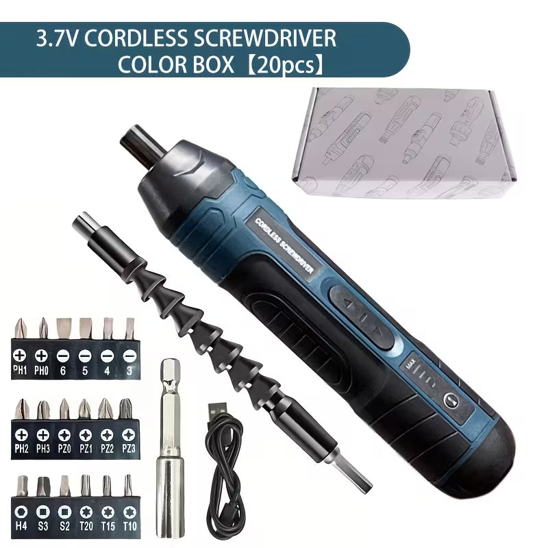 3.7V Rechargeable Cordless Electric Screwdriver, 4 Torque Settings Portable Power Screwdriver with 20pcs Bits Set for Home Repair & DIY Projects